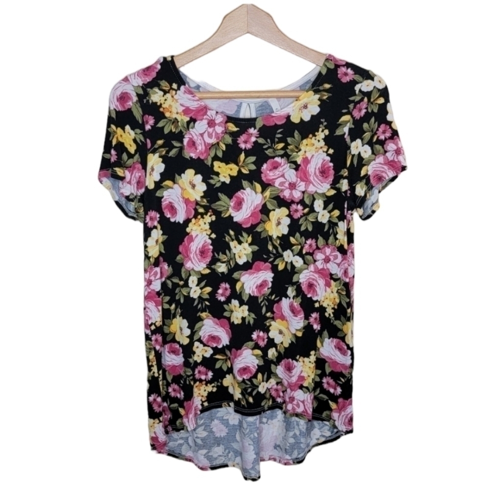 Gilli Black Pink Yellow Floral Short Sleeve Top Size Medium Spring Cottagecore